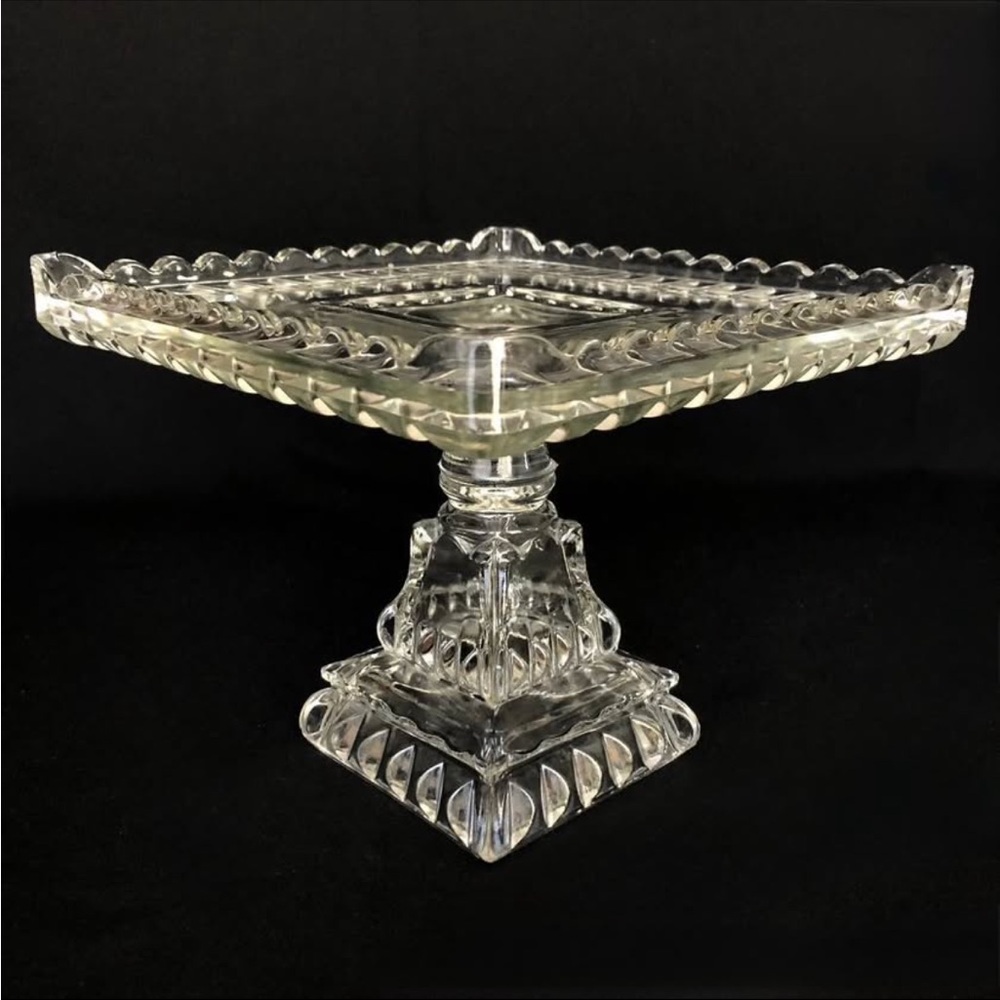 Antique c.1890 EAPG Adams “Crystal Wedding” Victorian Cake Stand - UV Reactive